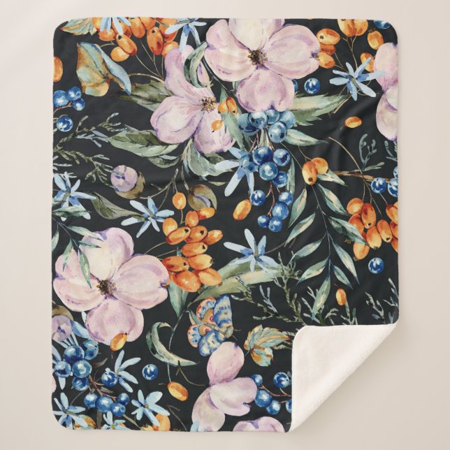 Gentle Watercolor: Rosa Blumenberries Sherpadecke (Vorderseite)