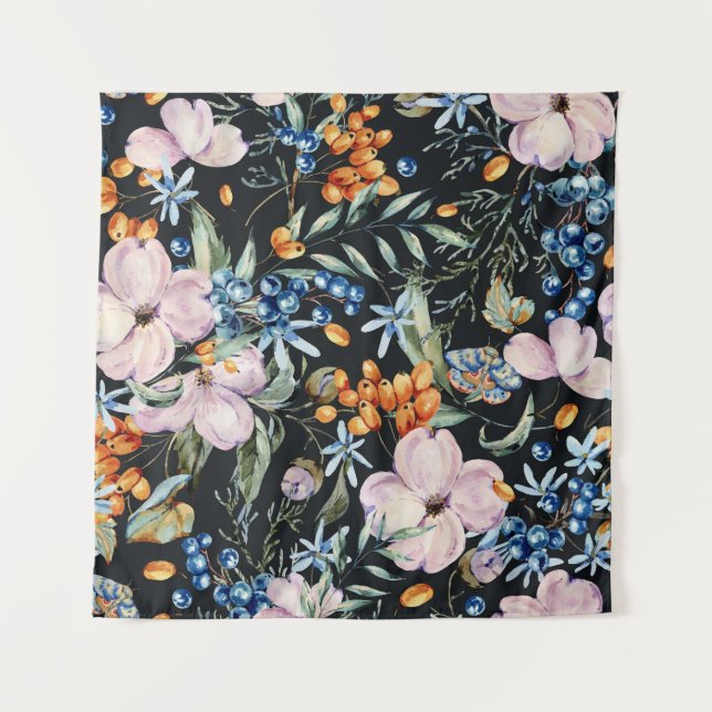 Gentle Watercolor: Rosa Blumenberries Wandteppich (Vorderseite)