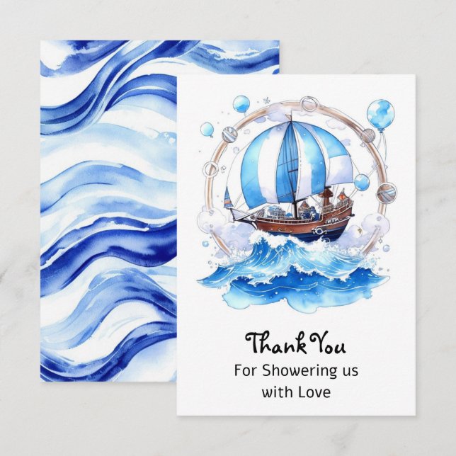 Gentle Waves: Nautical Boy Baby Shower Dankeskarte (Vorne/Hinten)