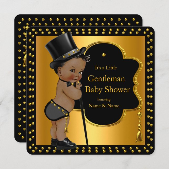 Gentleman Baby Shower Boy Tophat Cane Ethnic Einladung (Vorne/Hinten)