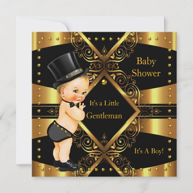 Gentleman Baby Shower Gold Boy Tophat Blonde Einladung (Vorderseite)