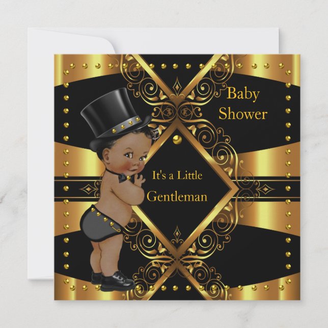 Gentleman Baby Shower Gold Boy Tophat Ethnisch Einladung (Vorderseite)