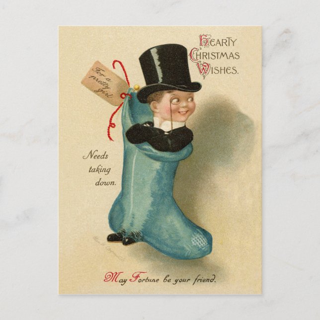 Gentleman Junge in großer blauer Weihnachtssocke,  Postkarte (Vorderseite)