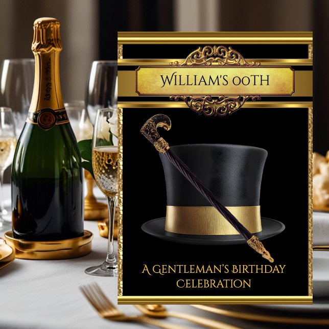 Gentlemen Elegant Gold Black Birthday Party Einladung (Von Creator hochgeladen)