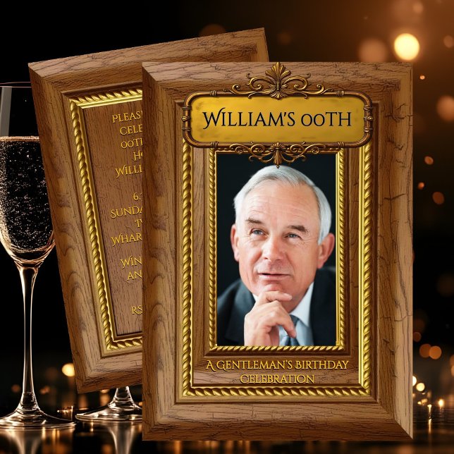 Gentlemen Elegant Rustic Gold Wood Photo Birthday Einladung (Von Creator hochgeladen)