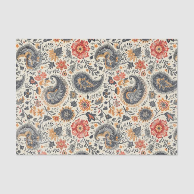Gently Distressed Orange & Blue Paisley Pattern Seidenpapier (Vorderseite)