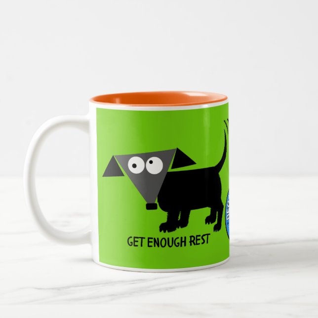 Genüge Erholung. Rego Bertos Tipps für das Leben Zweifarbige Tasse (Links)