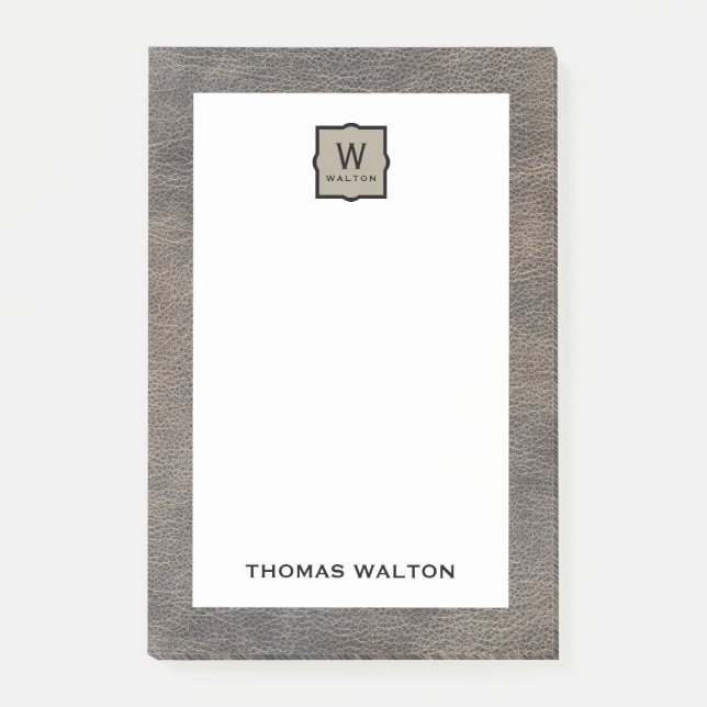 Genuine Cowhide Leather Look Monogram Name Post-it Klebezettel (Vorderseite)