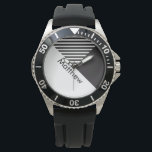 Geo Abstrakte minimale Schwarz-weiße Streifen Name Armbanduhr<br><div class="desc">Personalisieren Sie mit Ihrem eigenen Namen oder Namen Ihres Liebsten.</div>