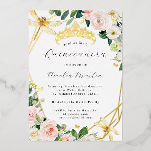 Geo Blush Floral Dragonfly Quinceanera Gold Folieneinladung