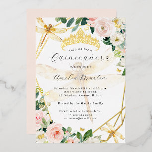 Geo Blush Floral Gold Libelle Quinceanera Folieneinladung