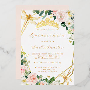 Geo Blush Gold Floral Libellen-Quinceanera Folieneinladung