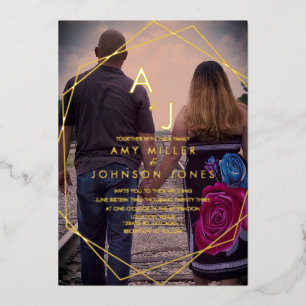 Geo Border Gold Border Foto Hochzeit gepresst Folieneinladung