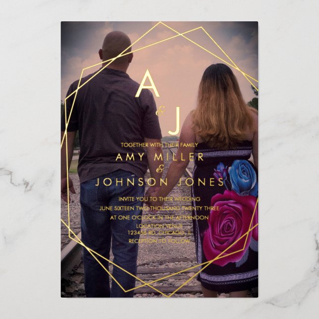 Geo Border Gold Border Foto Hochzeit gepresst Folieneinladung (Vorderseite)