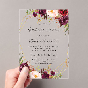 Geo Clear Acryl-Bordeauxrot-Quinceanera Acryleinladungen
