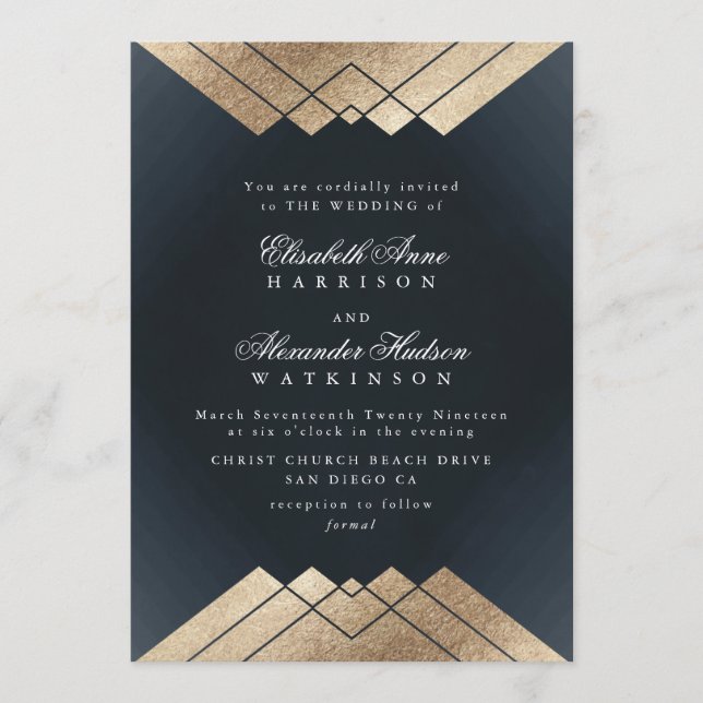 Geo Dark Navy Gold Gatsby Calligraphy Wedding Einladung (Vorderseite)