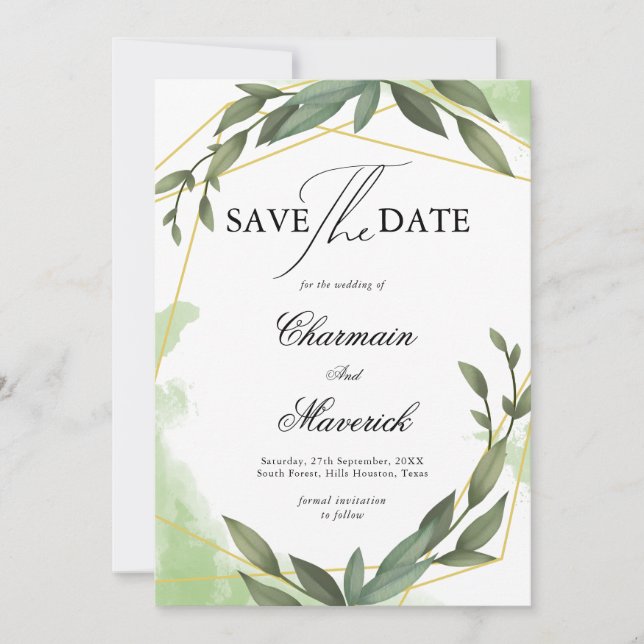 Geo Frame Greenery Leaf Eukalyptus Save the Date Einladung (Vorderseite)
