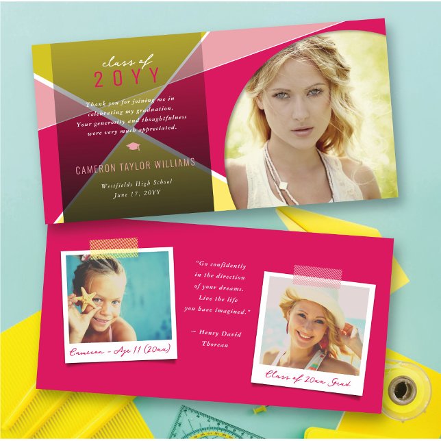 Geo Fuchsia Criss Cross Color Block Foto Graduate Dankeskarte (Geometric Fuchsia Criss Cross Color Block Photo Graduate Thank You Card @ zazzle.com/color_therapy)