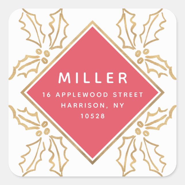 Geo Hand Drawn Gold Hollies Holiday Rücksendeadres Quadratischer Aufkleber (Vorderseite)