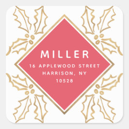 Geo Hand Drawn Gold Hollies Holiday Rücksendeadres Quadratischer Aufkleber