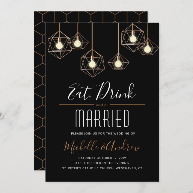 Geo Lights trinken und Verheiratet Hochzeit sein Einladung (Vorne/Hinten)