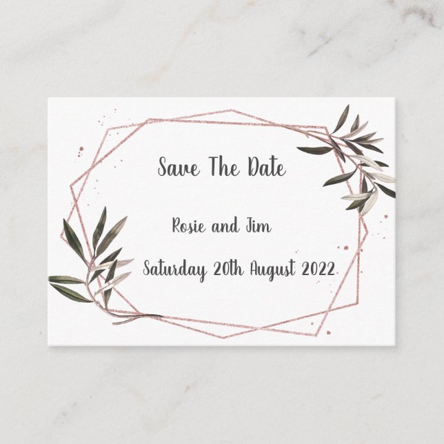 Geo Olive Leaf Save the Date Karte (Vorderseite)