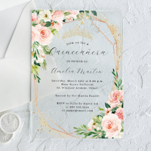 Geo Pink Floral Clear Acrylic Floral Quinceanera Acryleinladungen