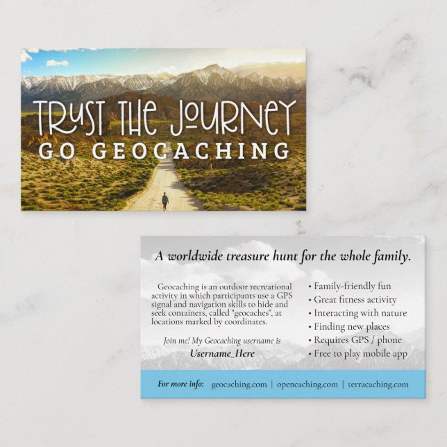 Geocaching Trail Card mit Infos für Muggles Visitenkarte (Vorne/Hinten)