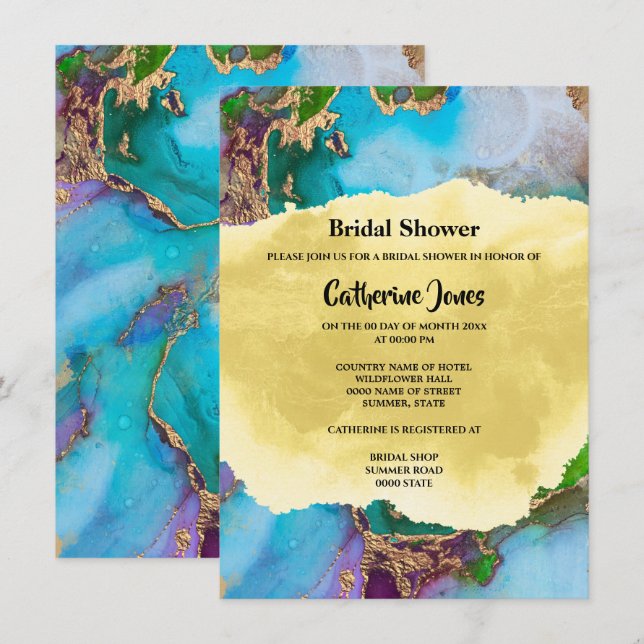 Geode abstrakte Pfauenfarben Aquarellfärbung Einladung (Vorne/Hinten)