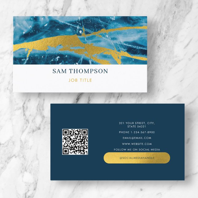 Geode Agate Blue Gold Social Media QR Visitenkarte (Von Creator hochgeladen)