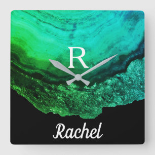 Geode Agate Monogram Initials Name Template Green Quadratische Wanduhr
