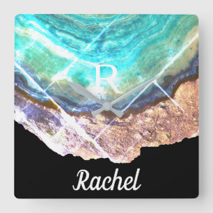 Geode Agate Monogram Name Template Green Sparkling Quadratische Wanduhr