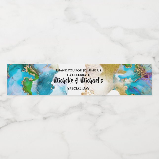 Geode-blaues Gold in Aquarellfarben Wasserflaschenetikett (Einzelnes Label)