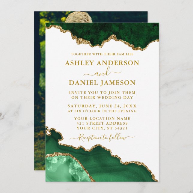Geode-Foto mit grün-weißem Goldmarmor Einladung (Vorne/Hinten)