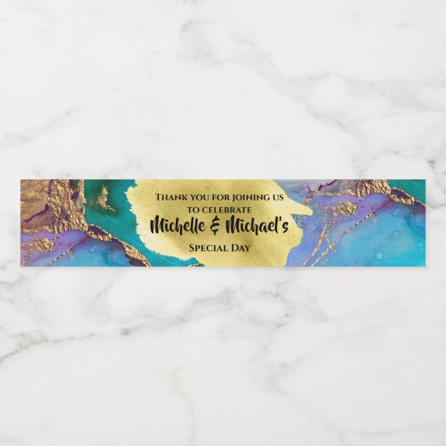 Geode Imitate goldblau agofarbene Pfauenchic Wasserflaschenetikett (Einzelnes Label)