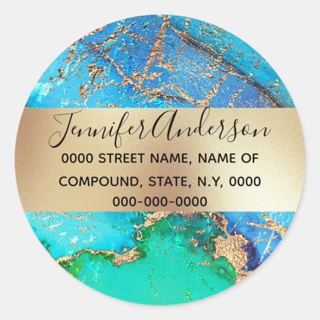 Geode Imitate goldblau lila Pfau metallischer Chic Runder Aufkleber (Vorderseite)