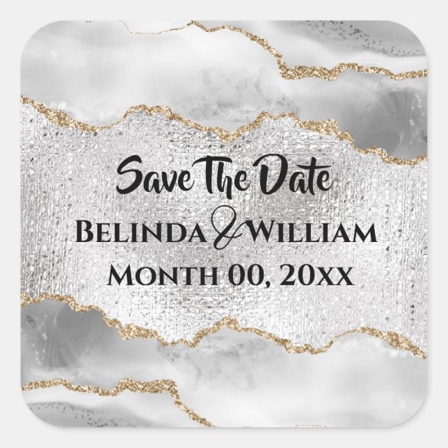 Geode Imitate silberweiß agate Aquarellfarbenchic Quadratischer Aufkleber (Vorderseite)