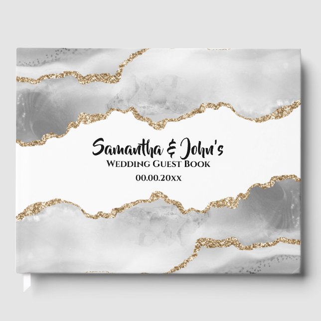 Geode white agate Aquarellfarben Imitate Goldchic Gästebuch (Vorderseite)