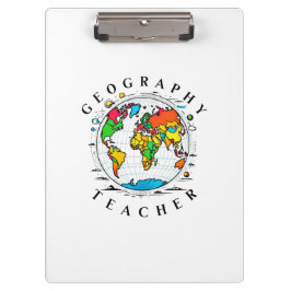 Geografischer Lehrer mit farbenfroher Globe Grafik Klemmbrett