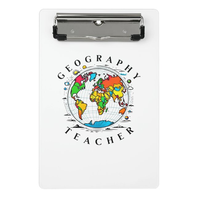Geografischer Lehrer mit farbenfroher Globe Grafik Mini Klemmbrett (Vorderseite)