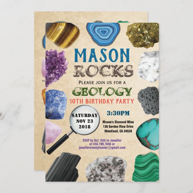 Geology Birthday Party Rocks Gemstones Kristalle Einladung (Vorne/Hinten)