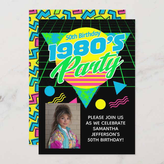 Geometric 1980s 80s 50th Photo Birthday Party Einladung (Vorne/Hinten)