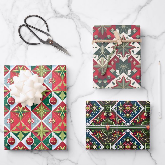 Geometric 50-60er Weihnachtsfarben rot-grün Geschenkpapier Set (Vorderseite)