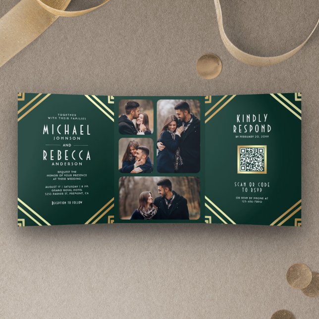 Geometric Art Deco Emerald Gold QR Code Wedding Dreifach Gefaltete Einladung (Von Creator hochgeladen)