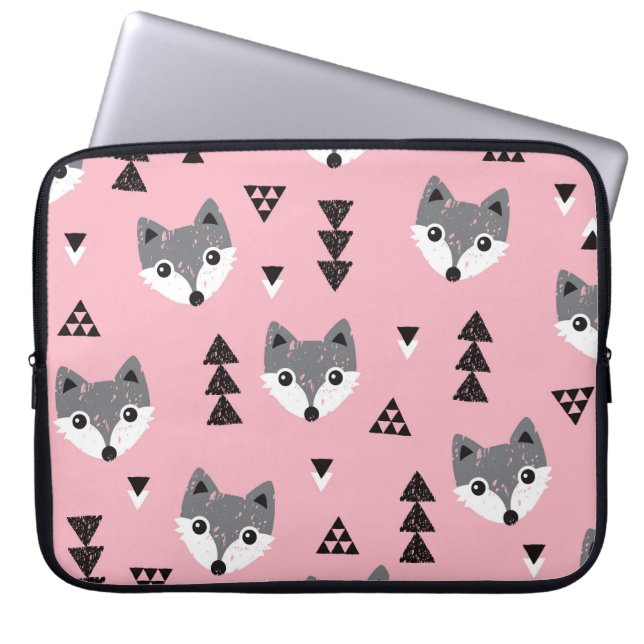 Geometric Baby Fox Woodland Pattern Laptopschutzhülle (Vorderseite)