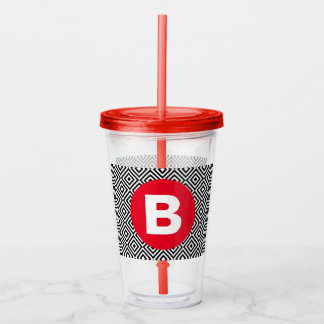 Geometric Black and White Pattern Red Monogram Acryltrinkbecher