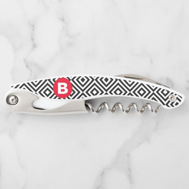 Geometric Black and White Pattern Red Monogram Kellnermesser (Vorderseite)
