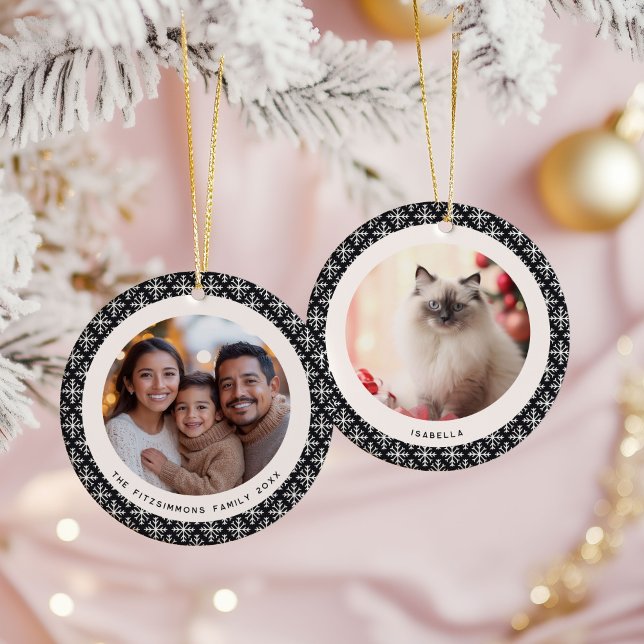 Geometric Black and White Scandinavian 2 Photos Keramik Ornament (Neutral Snowflake Modern 2 Photos Christmas Ornament black)