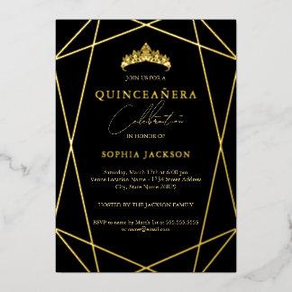 Geometric Black Gold Elegant Quinceanera 15. Folieneinladung