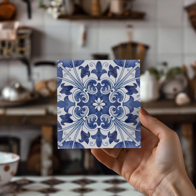 Geometric Blue and White Lisbon Ceramic Tile Art Fliese (Portuguese Tiles, Blue and White Decor, Lisbon Tile,
Mediterranean Decor,
Ceramic Coasters, Azulejo)